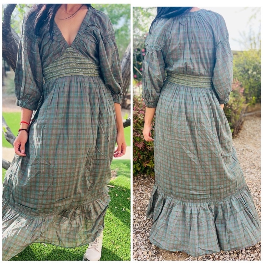 Free People Green Plaid Smocked-Waist Maxi Dress